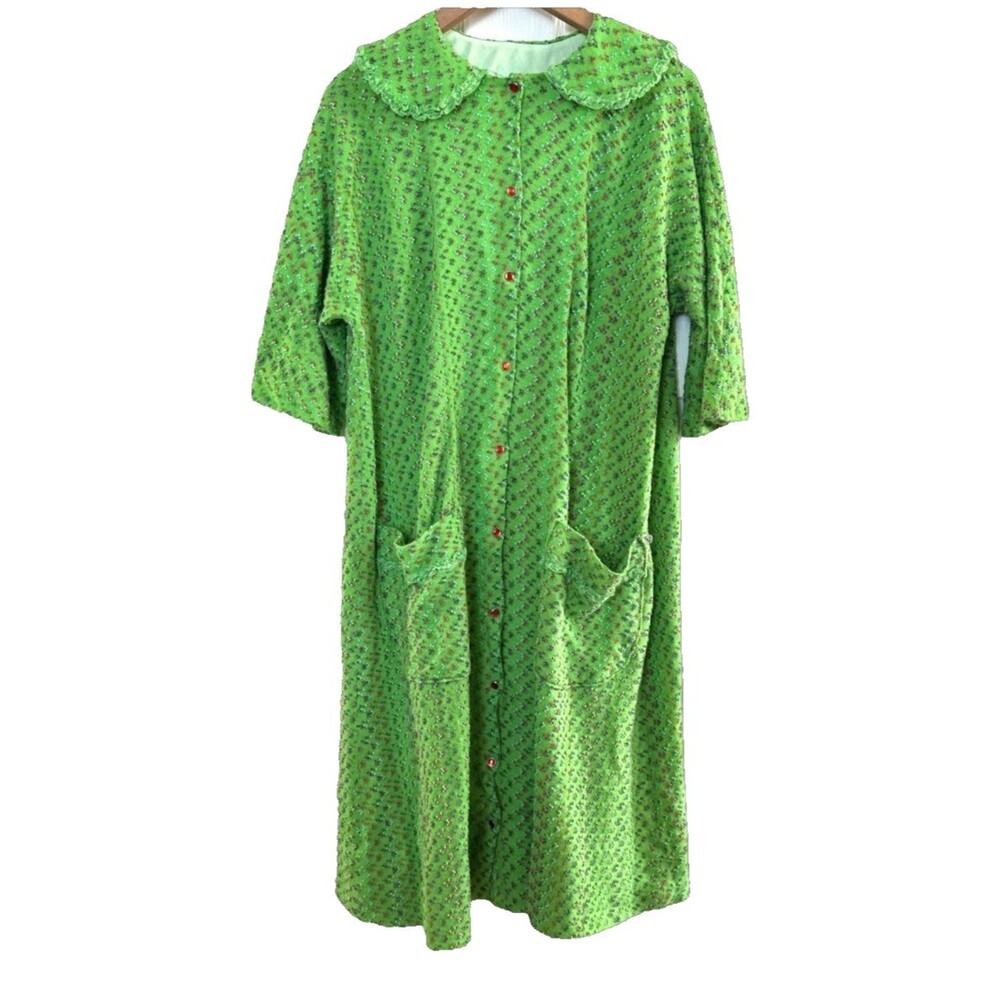 Vintage Green Floral Lounge Dress 1960s Cottagecore Robe Lace Collar Pockets - Picture 1 of 9